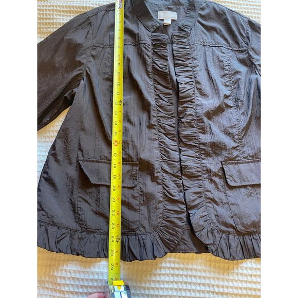 Chico’s Brown Nylon Textured Open Front Ruffle Grandmacore Jacket Size 3 (XL) - Picture 10 of 12